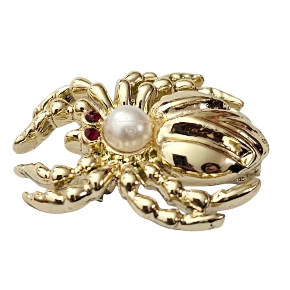 Gold Tone Vintage Faux Pearl Spider Brooch, Red Rhinestone Pin L876 - Picture 3 of 8